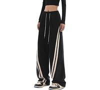 jieGorge Camouflage Hose Damen Frauen Nähen Breites Bein Lose Taille Design Tasche Hohe Taille Gerade Freizeit Hosen Damen Freizeithosen aus Latex (Black, S)