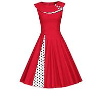 JIER Damen 50er Jahre Vintage A-Linie Kleid Langarm Rockabilly Kleid Festlich Kleid Faltenrock Gepunkt Knielang Elegant Petticoat Kleid Gepunkte Cocktailkleid (Rot,X-Large)