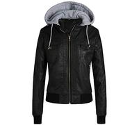 JIER Damen abnehmbare Kapuze Lederjacke Winter Lange Hülse Jacken Jacke Mantel Outwear Sweatkapuze Kurzjacke Bikerjacke Kunstlederjacke (Schwarz,Medium)