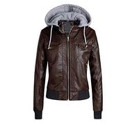 JIER Damen abnehmbare Kapuze Lederjacke Winter Lange Hülse Jacken Jacke Mantel Outwear Sweatkapuze Kurzjacke Bikerjacke Kunstlederjacke (Kaffee,XX-Large)