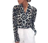 JIER Damen Bluse Leopardenmuster Hemd V Ausschnitt Button Down Shirt Kragen Langarmshirt Oberteile Top Luftig Leopard Print Business Tunika (Grau,Medium)