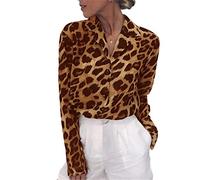 JIER Damen Bluse Leopardenmuster Hemd V Ausschnitt Button Down Shirt Kragen Langarmshirt Oberteile Top Luftig Leopard Print Business Tunika (Braun,X-Large)