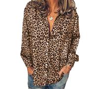 JIER Damen Bluse Leopardenmuster Hemd V Ausschnitt Button Down Shirt Langarmshirt Casual Oberteile Tops Freizeit Tunika Vintage Hemd T-Shirt (Gelb,XX-Large)