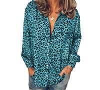 JIER Damen Bluse Leopardenmuster Hemd V Ausschnitt Button Down Shirt Langarmshirt Casual Oberteile Tops Freizeit Tunika Vintage Hemd T-Shirt (Blau,XX-Large)