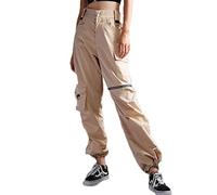 JIER Damen Cargo Hosen Hip Hop Jogger Street Hose mit Kette Pants Jogginghose Lang Hose Elegant High Waist Military Reißverschluss Freizeithosen High Waist Pants (Khaki,M,M)