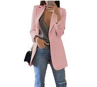 JIER Damen Elegant Langarm Blazer Langärmliger Anzugjacke Einfarbig Cardigan Business Slim Fit Bolero Jacke Anzug Trenchcoat Mantel mit Tasche (Rosa,Large)