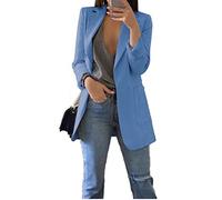 JIER Damen Elegant Langarm Blazer Langärmliger Anzugjacke Einfarbig Cardigan Business Slim Fit Bolero Jacke Anzug Trenchcoat Mantel mit Tasche (Blau,XX-Large)