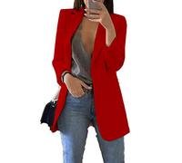 JIER Damen Elegant Langarm Blazer Sakko Einfarbig Business Slim Fit Revers Geschäft Büro Jacke Cardigan Kurz Mantel Anzüge Bolero mit Tasche (Rot,Large)