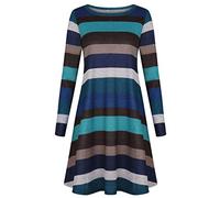 JIER Damen Gestreiftes Lose Swing Kleider Gerades Lange Ärmel Freizeit Tunika Kleider T-Shirt Kleid Weich Boho Kleider Tasche A Linie Mini Kleid (Blau,XX-Large)