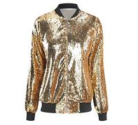 JIER Damen Glitzer Bomberjacke Pailletten Dünne Rib Rop Langarm Reißverschluss Fliegenjacke Bikerjacke Paillettenjacke Crewneck Jacke Coat (Gold,XXX-Large)