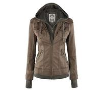 JIER Damen Kunstlederjacke Übergangsjacke Kapuzen Jacke Lederjacke Motorradjacke Bikerjacke Jacket Ladies Oberbekleidung mit Reißverschluss (Kaffee,XX-Large)