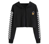 JIER Damen Kurz Kapuzenpullover Sweatshirt Mädchen Bauchfreier Pulli Hoodie Drucken Pullover Langarm Kapuzen Kurz Crop Tops Kapuzenpulli Oberteile Shirts Sweatjacke (Schwarz,XXX-Large)