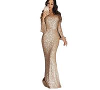 JIER Damen Langarm Glänzend Elegant Lang Kleider Cocktailkleider Maxikleider Glänzend Partykleider Quaste Festlich Kleider Elegant Partykleid (Gold,Large)