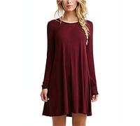 JIER Damen Langarm Lose Rundhals Kleid Casual Tunika T-Shirt Kleid MiniKleid Winterkleid Brautkleid Einfaches Kleider Basic A-Linie Skaterkleid Fließendes Kleid (Rotwein,Large)