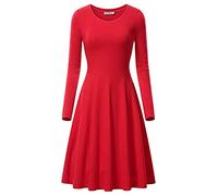 JIER Damen Langarm Rundhalsausschnitt Midikleid Knielänge Rundhals Stretch Basic Kleider Skaterkleider Lässiges Schlicht Ausgestelltes Midi A Line Solide Elegantes Dünnes Kleid (Rot,Small)