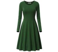 JIER Damen Langarm Rundhalsausschnitt Midikleid Knielänge Rundhals Stretch Basic Kleider Skaterkleider Lässiges Schlicht Ausgestelltes Midi A Line Solide Elegantes Dünnes Kleid (Grün,Medium)