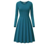 JIER Damen Langarm Rundhalsausschnitt Midikleid Knielänge Rundhals Stretch Basic Kleider Skaterkleider Lässiges Schlicht Ausgestelltes Midi A Line Solide Elegantes Dünnes Kleid (Blau,Medium)