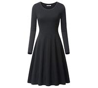 JIER Damen Langarm Rundhalsausschnitt Midikleid Knielänge Rundhals Stretch Basic Kleider Skaterkleider Lässiges Schlicht Ausgestelltes Midi A Line Solide Elegantes Dünnes Kleid (Schwarz,X-Large)