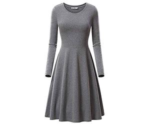 JIER Damen Langarm Rundhalsausschnitt Midikleid Knielänge Rundhals Stretch Basic Kleider Skaterkleider Lässiges Schlicht Ausgestelltes Midi A Line Solide Elegantes Dünnes Kleid (Grau,XXX-Large)