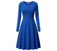 JIER Damen Langarm Rundhalsausschnitt Midikleid Langarm Skaterkleider Knielänge Rundhals Stretch Basic Kleider A-line Cotton Midi Dress Midikleid (KöNigsblau,Small)