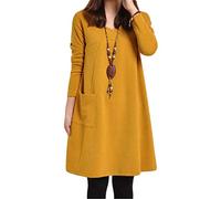 JIER Damen Langarm Tasche Lose T-Shirt Kleid Casual Swing Minikleid Kleid Plus Tops Rundhals Casual Tunika Mini Kleider Einfarbig A-Linie Lang Sweatkleid Blusekleid (Gelb,Medium)