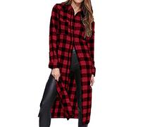JIER Damen Lange Kariert Shirt Hemd Karohemd Blusenkleid Langarmshirt Oversize Cardigan Karo Kleid Langarm V-Ausschnitt Shirtkleid mit Taschen (Rot,X-Large)