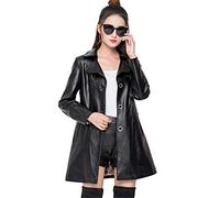JIER Damen Ledermantel Trenchcoat Classic Knie-Länge Echtleder Klassisch Lange Mantel Echte Leder Jacke Wildleder Kunstlederjacke Bikerjacke (Schwarz,X-Large)