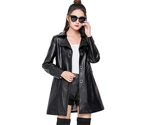 JIER Damen Ledermantel Trenchcoat Classic Knie-Länge Echtleder Klassisch Lange Mantel Echte Leder Jacke Wildleder Kunstlederjacke Bikerjacke (Schwarz,X-Large)