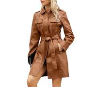 JIER Damen Ledermantel Trenchcoat Classic Knie-Länge Klassisch Lange Mantel Echte Leder Jacke Wildleder Bikerjacke Damenjacke mit Gürtel (Kaffee,Small)