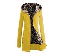 JIER Damen Leopard Kapuzenpullover Verdicken Sweatshirt Hoodie Warm Sweat Shirt mit Kaputze Große Zip Baumwolle Hoody Jacke Langarm Mantel (Gelb,X-Large)