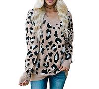 JIER Damen Leopardenmuster V-Ausschnitt Strickpullover Oversized Lose Elegant Pullover Langarm Bluse Sexy Sweatshirts Hemd Kostüm Oberteile (Khaki,Small)