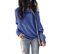 JIER Damen Lose Schulterfrei Strickpullover Sexy Off Shoulder Pulli Oberteile Strickwaren Fledermausärmel Sweatshirt Langarm T-Shirt Tops (Blau,Large)
