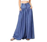 JIER Damen Lose Weites Bein Hose Elastische Taille Hosenrock Capri Hose Freizeithose Große Größe Pants Damenmode Oversize Weichen Breiten Beinhosen (Blau,Large)