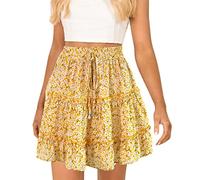 JIER Damen Mini Stufenrock Print Röcke A Linie Ruffle Layered Blumen Rock Kurze Röcke Rock Plissierte Damenröcke Große Größe Freizeitrock (Gelb 1,XL,XL)
