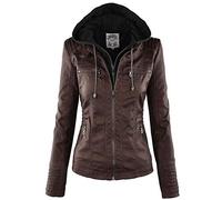 JIER Damen Reißverschluss Lederjacke mit Kapuzen Winter Motorrad Jacke Bomberjacke Bikerjacke Übergangsjacke Kapuzenjacke Oberbekleidung (Kaffee,Large)
