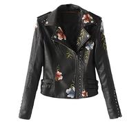 JIER Damen Revers PU Lederjacke Leather Jacket Lederoptik Jacke Kunstleder Bikerjacke Übergangsjacke Mantel Kurz mit Stickerei Outwear Coat (Schwarz,Small)