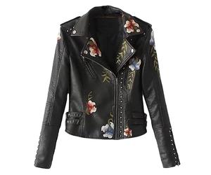 JIER Damen Revers PU Lederjacke Leather Jacket Lederoptik Jacke Kunstleder Bikerjacke Übergangsjacke Mantel Kurz mit Stickerei Outwear Coat (Schwarz,X-Large)