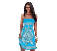 JIER Damen Schulterfrei Sommer Bandeau Strandkleid Flora Muster Bunt Boho Stil Casual Mini Strandkleider Neckholder Cover Ups Kleid ärmelloses Strand Abendkleid (Blau,Small)