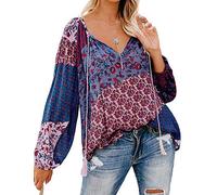 JIER Damen V-Ausschnitt Langarm Floral Tunika Bluse Elegante Blusen Oberteile Tops Casual Vintage Hemd Shirt Lange Ärmel Blumen T-Shirt (lila,Large)