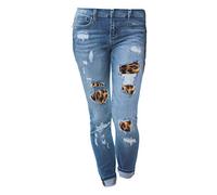 JIER Jeans Hosen für Damen mit Löchern Damen Jeanshosen Stretch mit Leopardenmuster Hoher Bund Jeans-Look Destroyed Style Modische Jeans (Blau,L,L)
