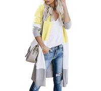 JIER Lange Damen Strickjacken Casual Gestreift Cardigan Bunt Outwear Lose Strickpullover Langarm Long Blockstreifen Strickjacke Jacke (Gelb,Medium)