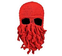 JIER Lustige Bartmütze Stickmütze Octopus Hut Winter Unisex Tentakel Knit Beanie Mütze Wind Ski Maske Lustig Krake Mask Beard Strickmütze Wollmütze (Rot)