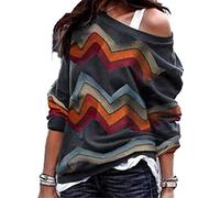 JIER Schulterfrei Langarm Gestreift Pulli Herbst Winter Sexy Oberteil Damen Tshirt Langarmshirt Pullover Langarm Hemd Casual Lose Sweatshirt (Grau,Small)