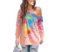 JIER Weg von der Schulter Pullover Damen Langarm Graffiti Off Shoulder Schrägstrich Schulter Graffiti Sweatshirt Bluse Longshirt Tunika (Rosa,X-Large)