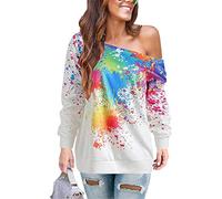 JIER Weg von der Schulter Pullover Damen Langarm Graffiti Off Shoulder Schrägstrich Schulter Graffiti Sweatshirt Bluse Longshirt Tunika (Weiß,Medium)