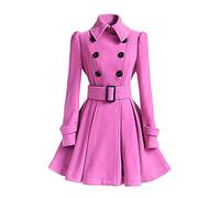 JIER Zweireihig Trenchcoat Damen Vintage Revers Winter Langarm A Linie Rüschen Übergangsjacken Parka Wollmantel Mantel Kleider mit Gürtel (Rosa,small)