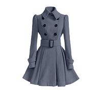 JIER Zweireihig Trenchcoat Damen Vintage Revers Winter Langarm A Linie Rüschen Übergangsjacken Parka Wollmantel Mantel Kleider mit Gürtel (Grau,small)