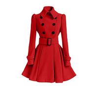 JIER Zweireihig Trenchcoat Damen Vintage Revers Winter Langarm A Linie Rüschen Übergangsjacken Parka Wollmantel Mantel Kleider mit Gürtel (Rot,xx-Large)