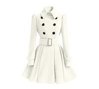 JIER Zweireihig Trenchcoat Damen Vintage Revers Winter Langarm A Linie Rüschen Übergangsjacken Parka Wollmantel Mantel Kleider mit Gürtel (Weiß,xx-Large)