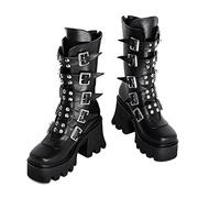 JIFAENY Damen Winter Schwarz Gothic Punk Plattform Stiefel Damen Goth Schnalle Zipper Creeper Keile Mid-Calf Schuhe-3,Schwarz